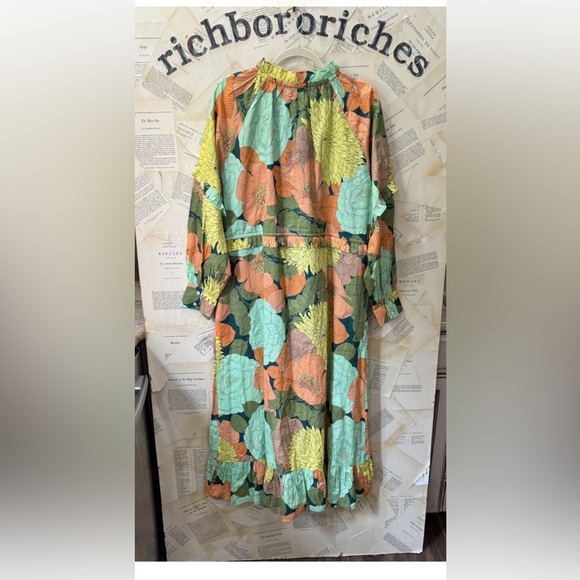 Anthropologie Farm Rio Long Sleeve Floral Midi Dress Hi Lo Green Motif - Picture 6 of 6